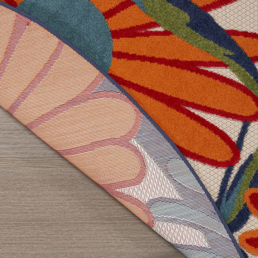 8′ Ivory Orange and Blue Floral Indoor Outdoor Round Rug