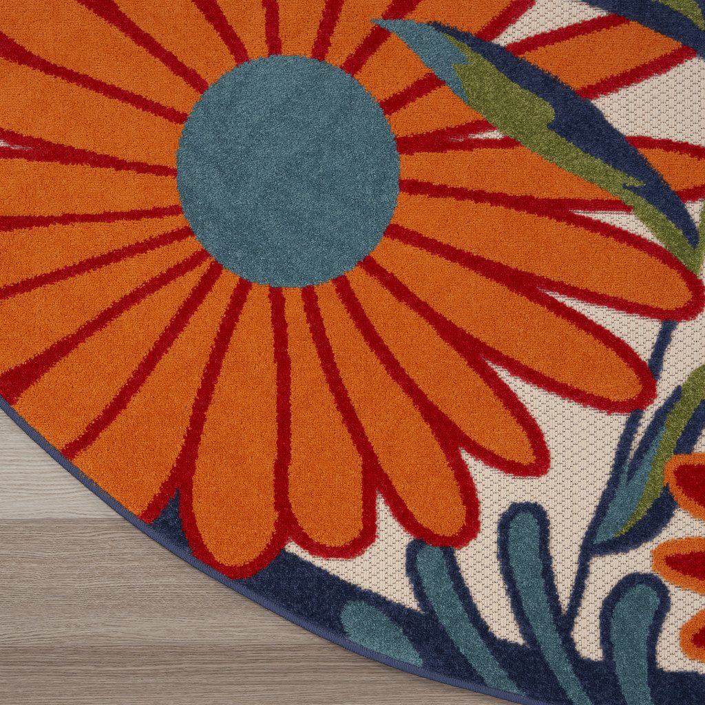 8′ Ivory Orange and Blue Floral Indoor Outdoor Round Rug