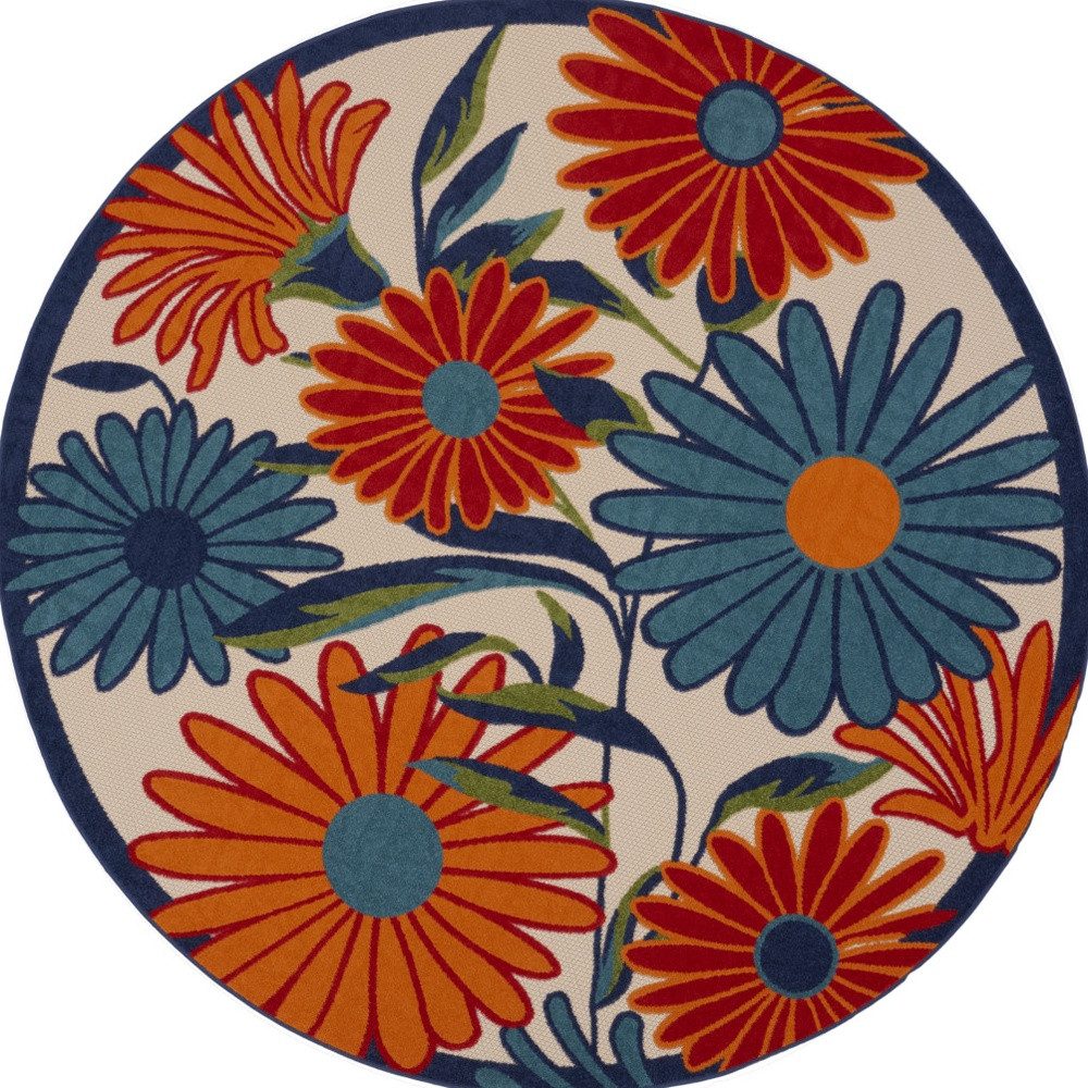 8′ Ivory Orange and Blue Floral Indoor Outdoor Round Rug