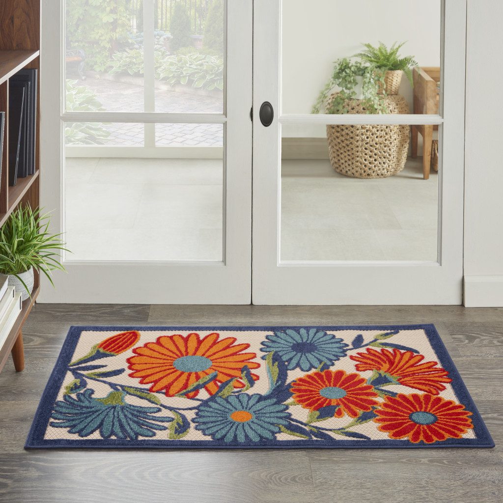 3′ X 4′ Ivory Orange and Blue Floral Area Rug