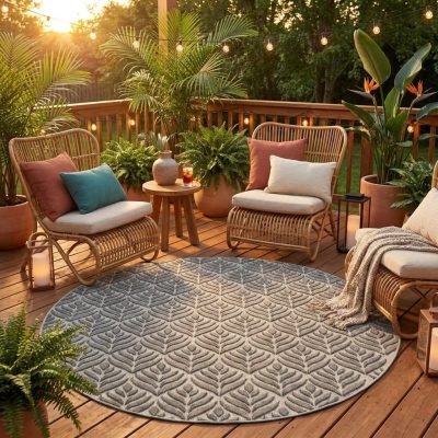 8′ Charcoal Floral Indoor Outdoor Round Rug