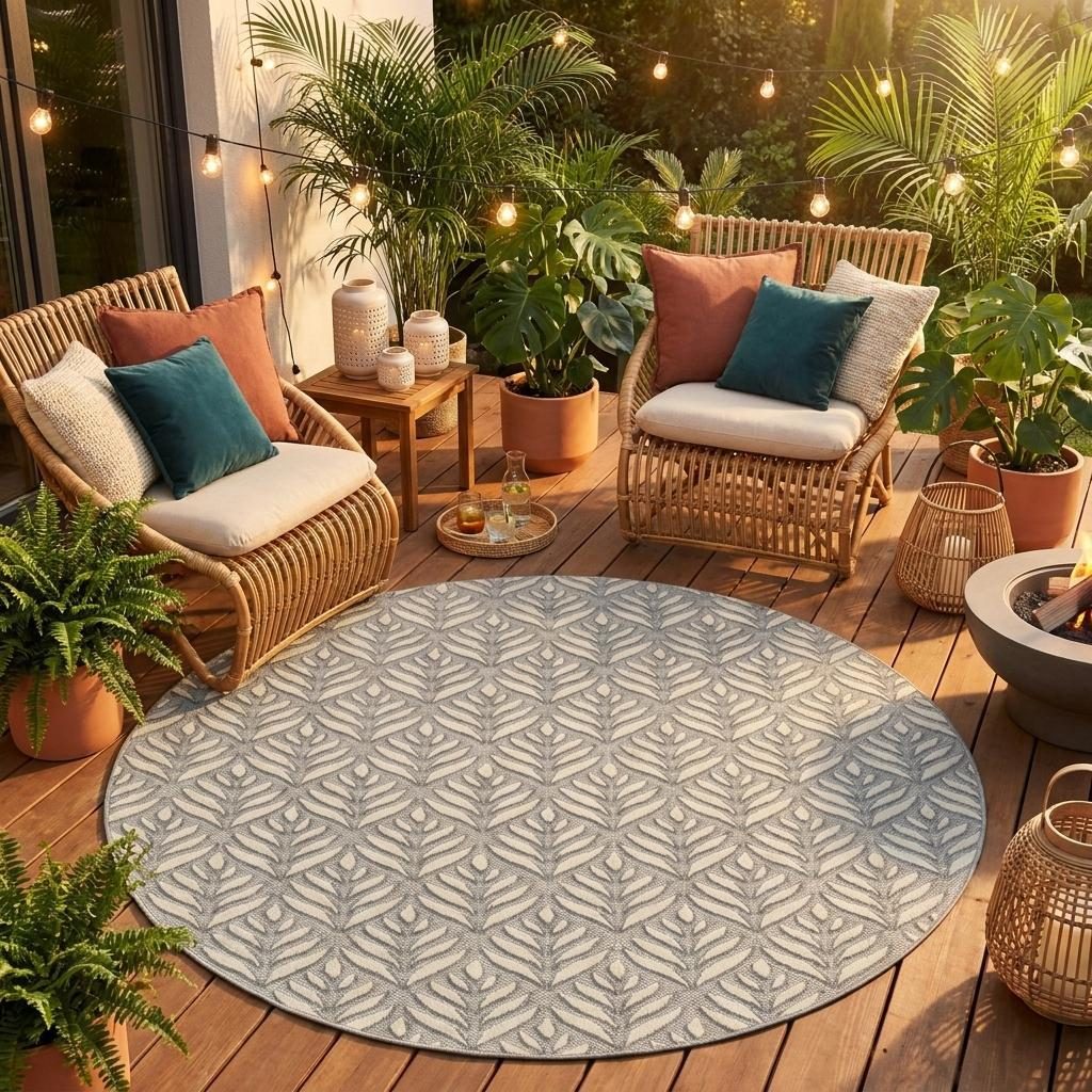 8′ Gray Floral Indoor Outdoor Round Rug