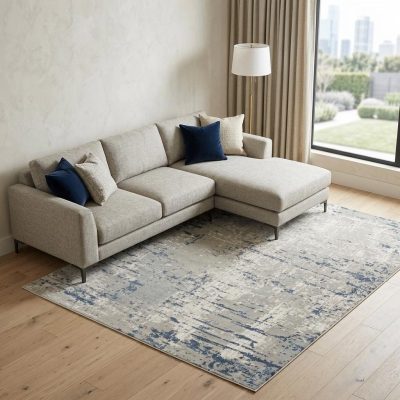 9′ X 12′ Ivory Gray Blue Abstract Distressed Area Rug