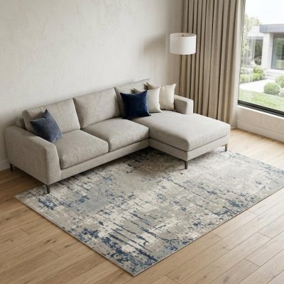 10′ X 14′ Ivory Gray Blue Abstract Distressed Area Rug