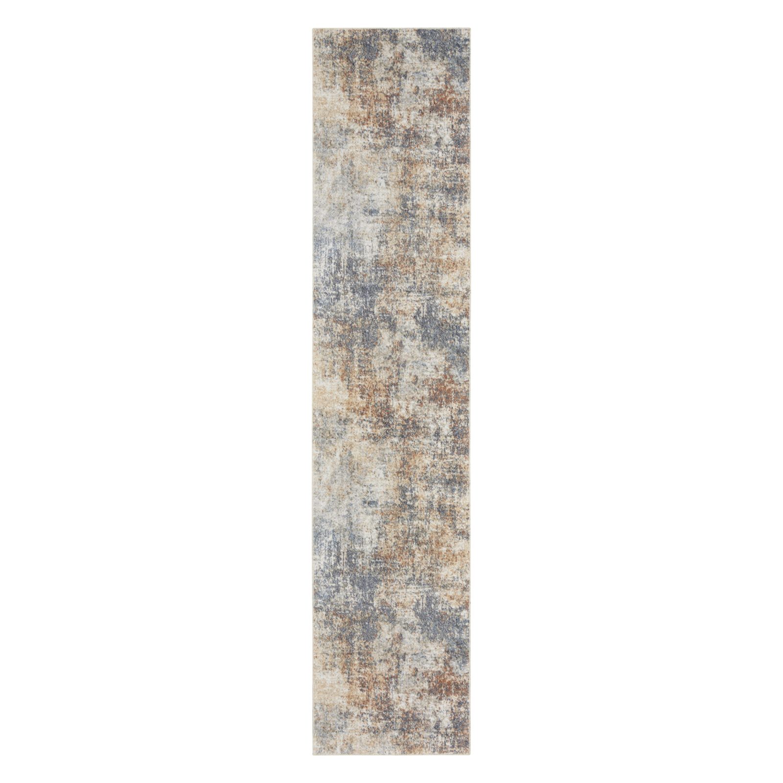 10′ Ivory Blue and Brown Abstract Runner Rug