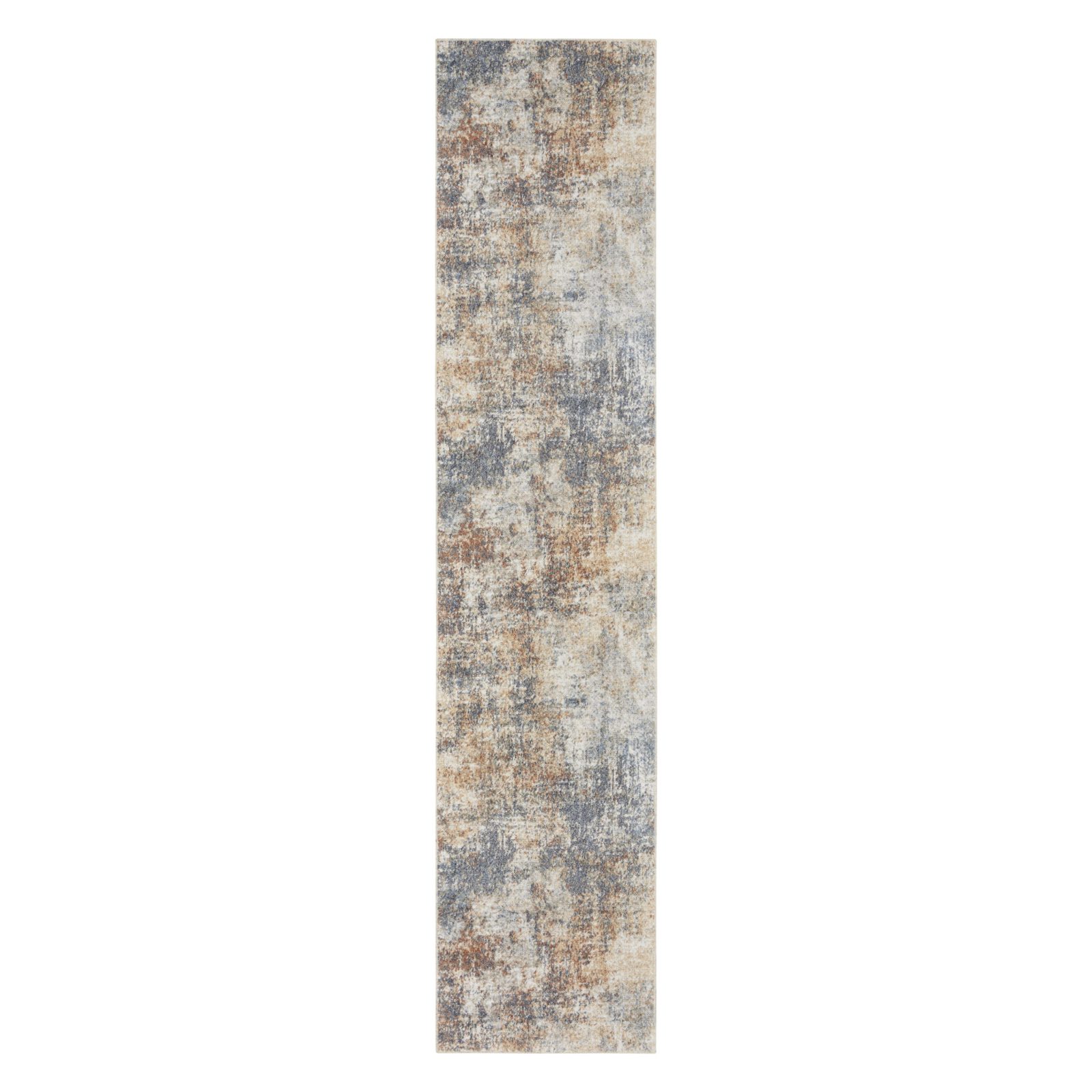 10′ Ivory Blue and Brown Abstract Runner Rug