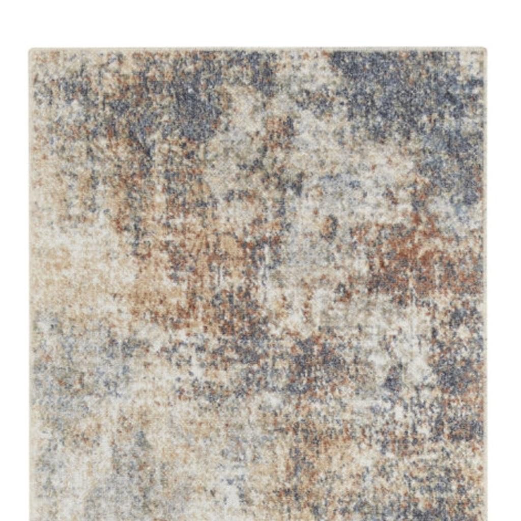 10′ Ivory Blue and Brown Abstract Runner Rug