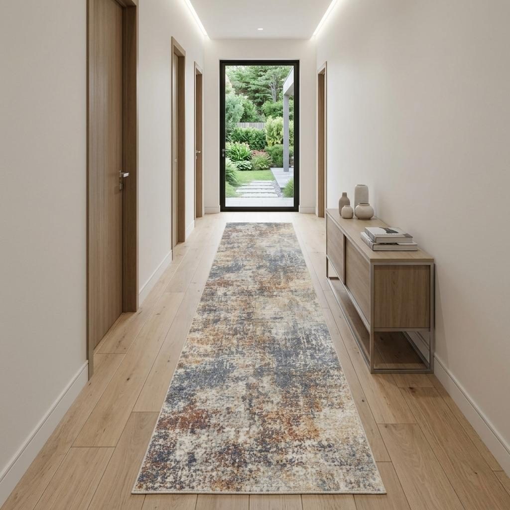 10′ Ivory Blue and Brown Abstract Runner Rug