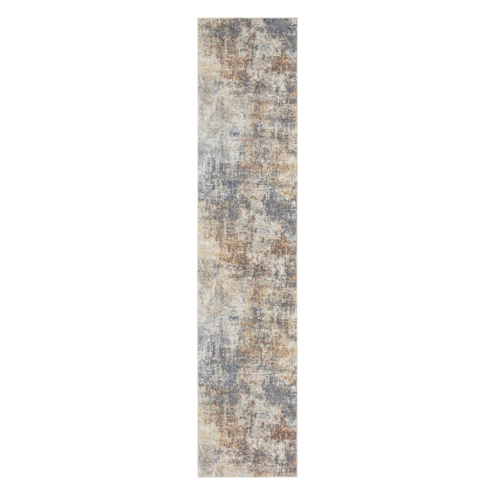 12′ Ivory Blue and Brown Abstract Distressed Runner Rug