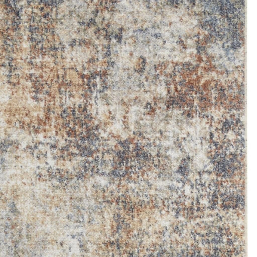 12′ Ivory Blue and Brown Abstract Distressed Runner Rug