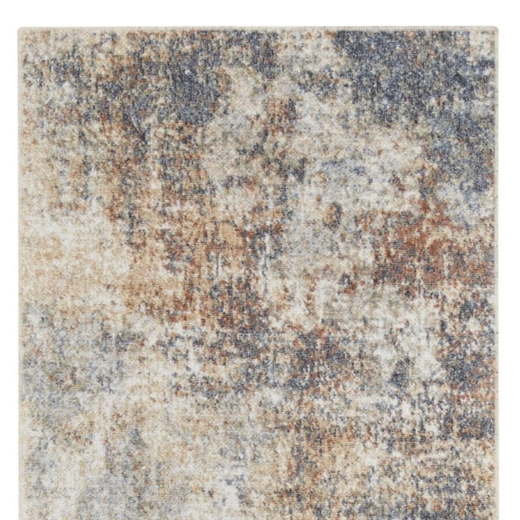 12′ Ivory Blue and Brown Abstract Distressed Runner Rug