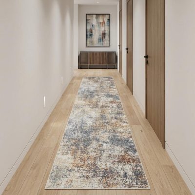 12′ Ivory Blue and Brown Abstract Distressed Runner Rug
