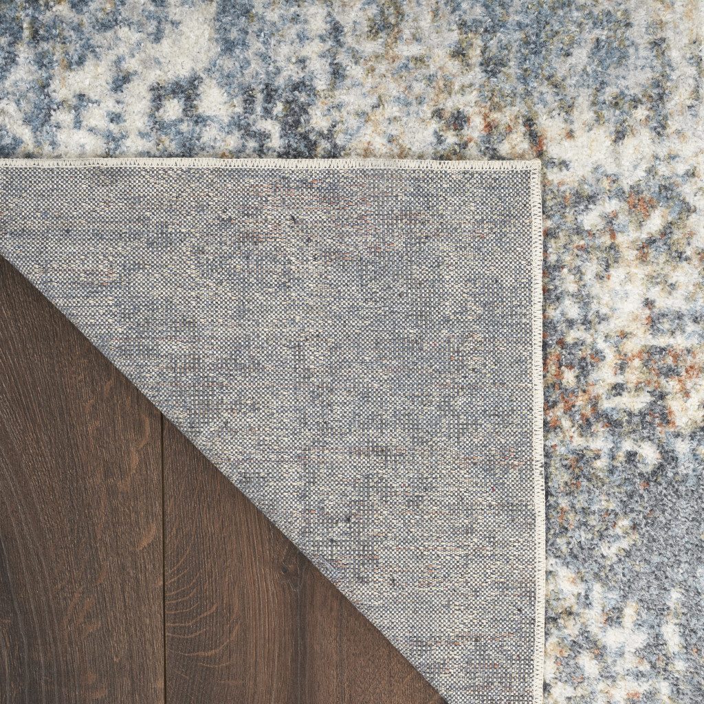 12′ Ivory Blue and Brown Abstract Distressed Runner Rug