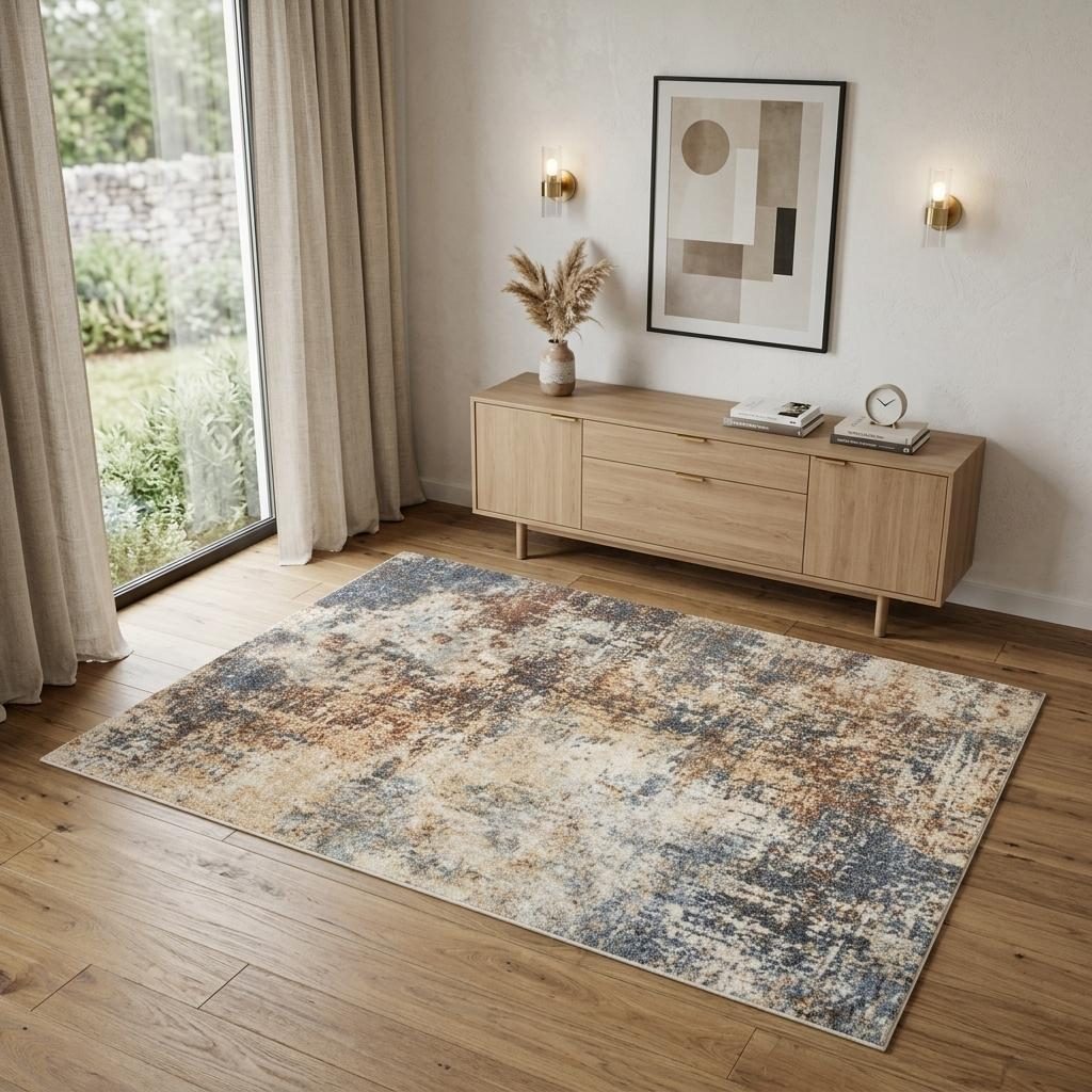 4′ X 6′ Blue and Ivory Abstract Washable Area Rug