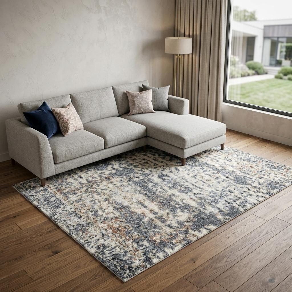 7′ X 9′ Blue and Ivory Abstract Washable Area Rug