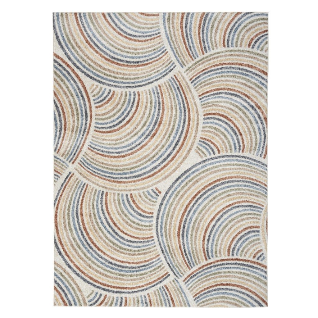 7′ X 9′ Ivory Blue Brown Geometric Washable Area Rug