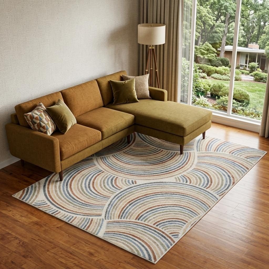 7′ X 9′ Ivory Blue Brown Geometric Washable Area Rug