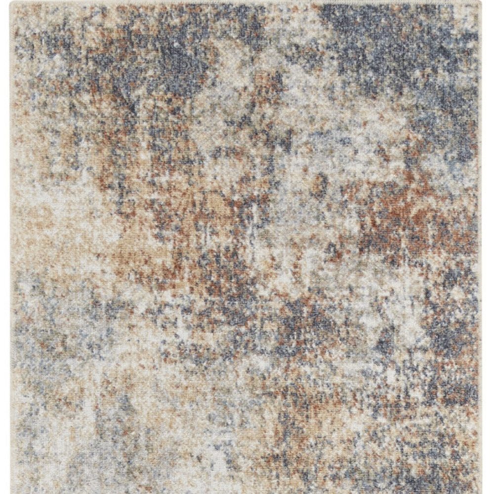 8′ Ivory Blue and Brown Abstract Runner Rug