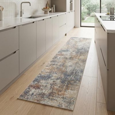 8′ Ivory Blue and Brown Abstract Runner Rug