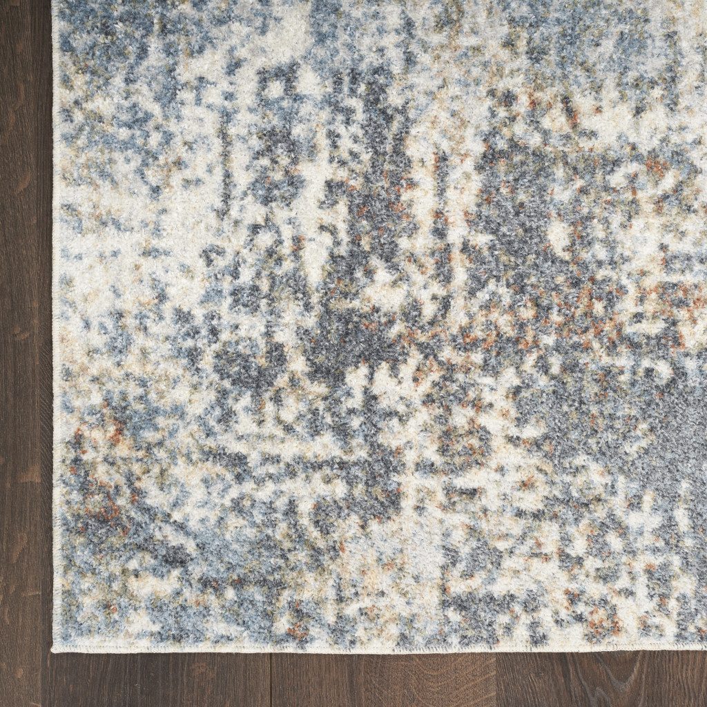 8′ Ivory Blue and Brown Abstract Runner Rug
