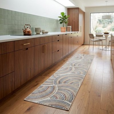 8′ Blue and Ivory Abstract Washable Runner Rug