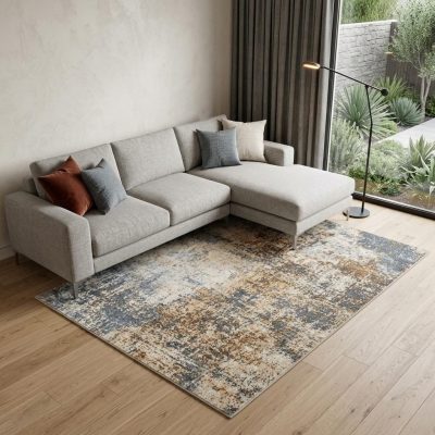 9′ X 12′ Blue and Ivory Abstract Distressed Area Rug