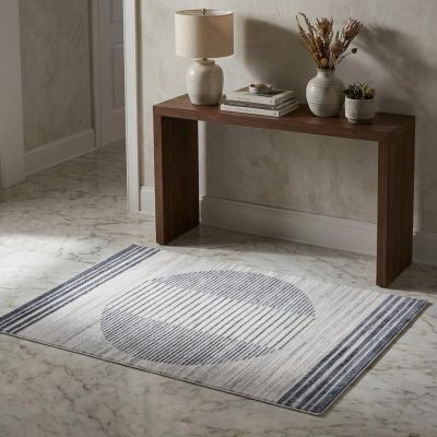 3′ X 5′ Blue and Ivory Geometric Washable Area Rug