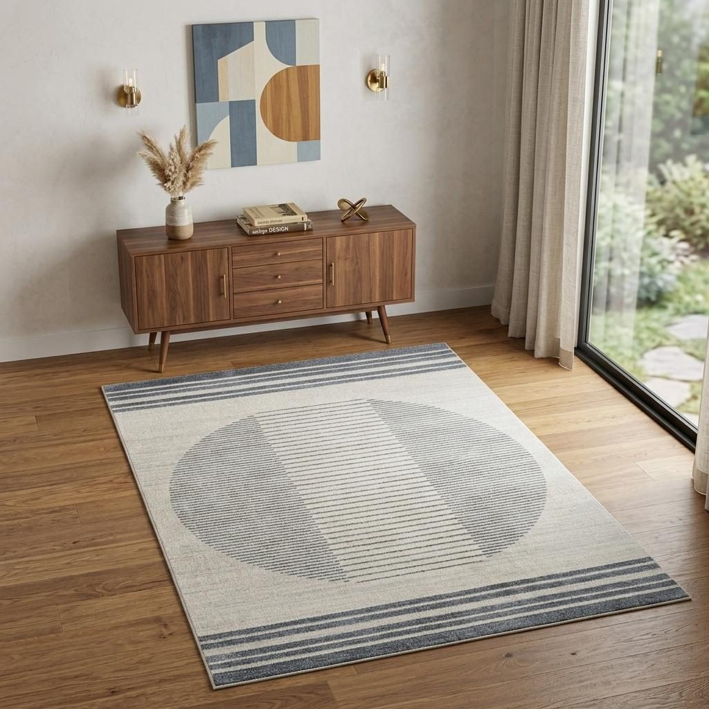 4′ X 6′ Blue and Ivory Geometric Washable Area Rug