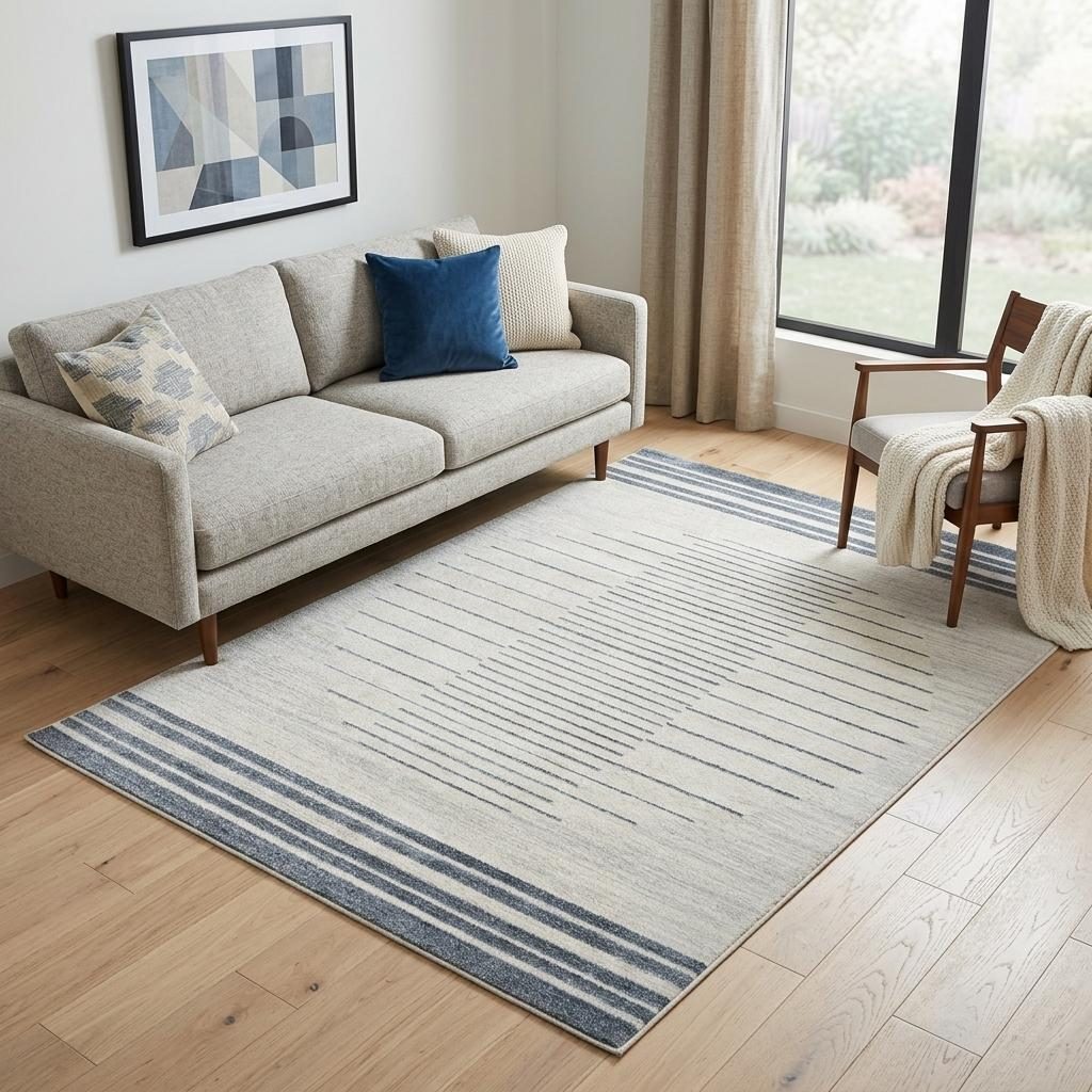 5′ X 7′ Blue and Ivory Geometric Washable Area Rug