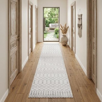 10′ Gray and Ivory Moroccan Washable Runner Rug