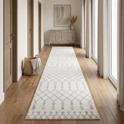 12′ Gray and Ivory Moroccan Washable Runner Rug