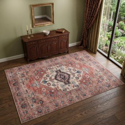 4′ X 6′ Blue and Red Distressed Oriental Area Rug