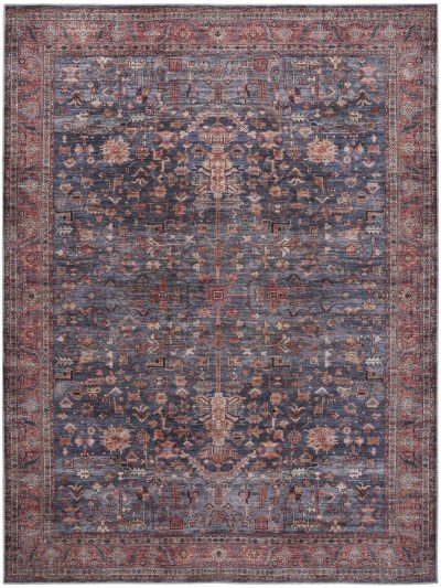 Blue and Red Oriental Washable Polyester Rectangle Area Rug