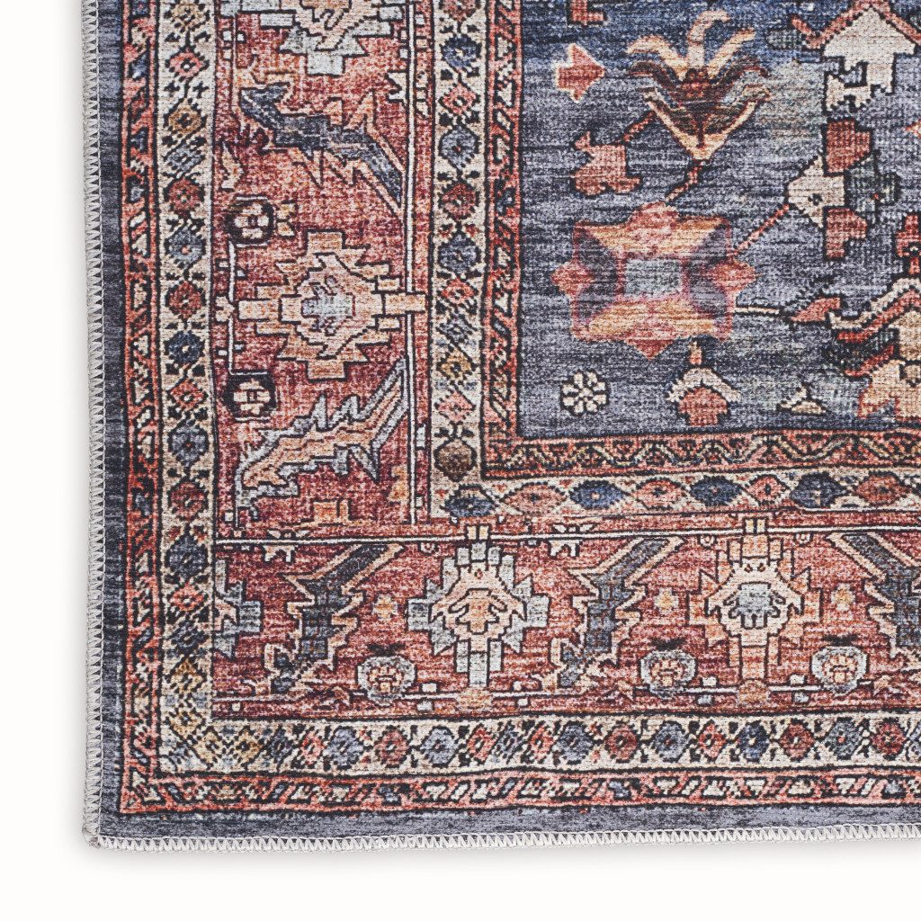 Blue and Red Oriental Washable Polyester Rectangle Area Rug