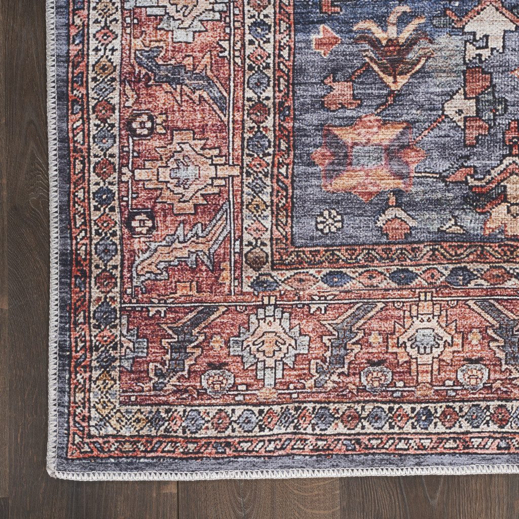 Blue and Red Oriental Washable Polyester Rectangle Area Rug