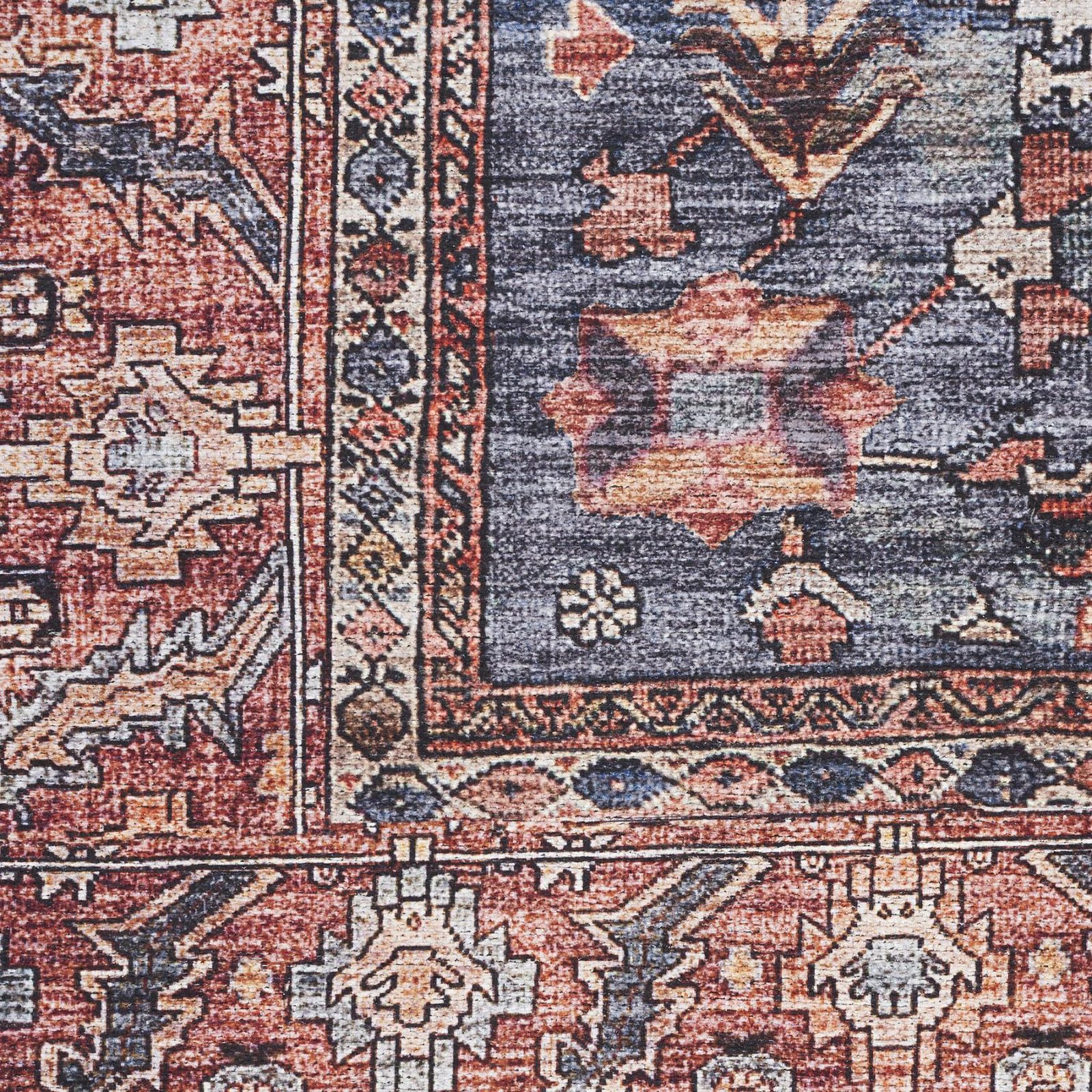 Blue and Red Oriental Washable Polyester Rectangle Area Rug