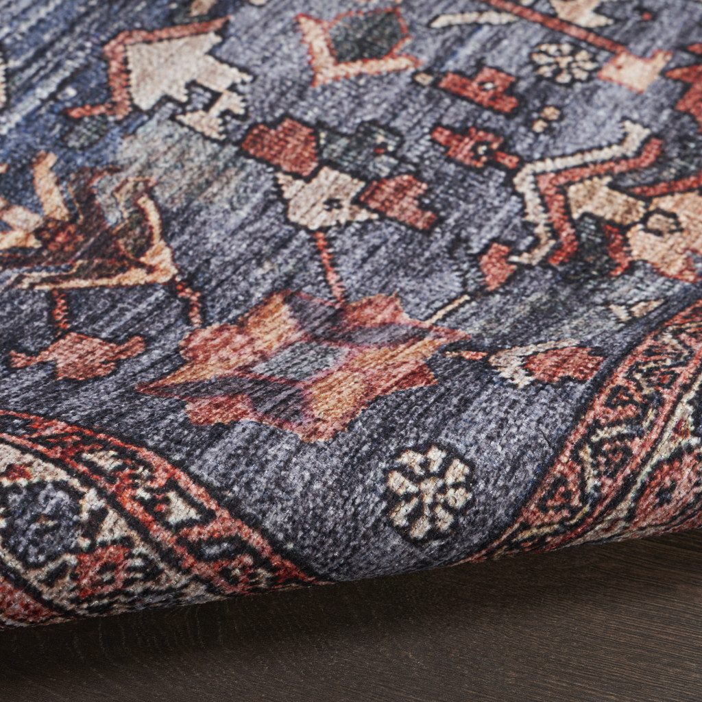 Blue and Red Oriental Washable Polyester Rectangle Area Rug