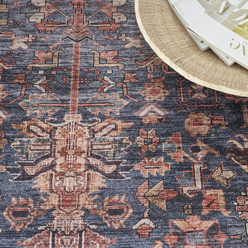 Blue and Red Oriental Washable Polyester Rectangle Area Rug