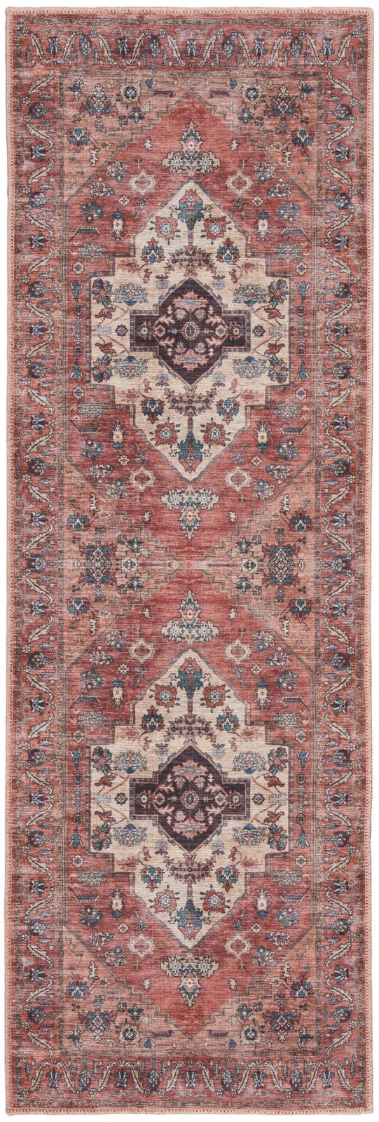 6′ Red and Ivory Oriental Distressed Washable Runner Rug