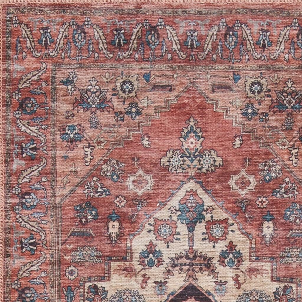 6′ Red and Ivory Oriental Distressed Washable Runner Rug