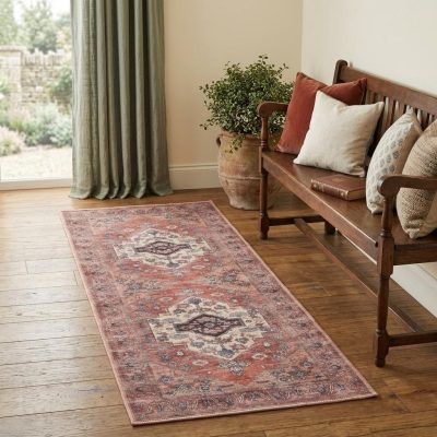 6′ Red and Ivory Oriental Distressed Washable Runner Rug