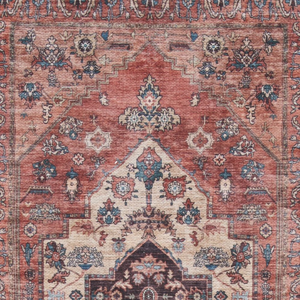 6′ Red and Ivory Oriental Distressed Washable Runner Rug