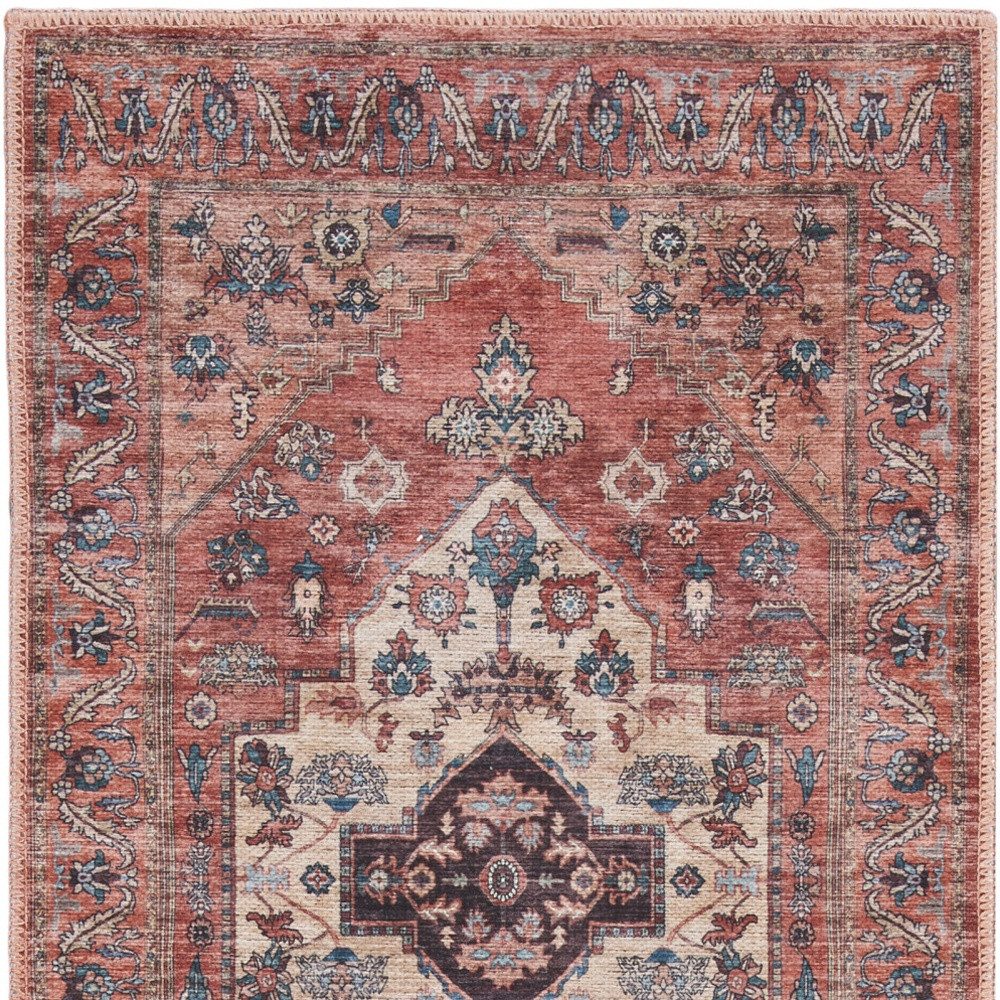 6′ Red and Ivory Oriental Distressed Washable Runner Rug