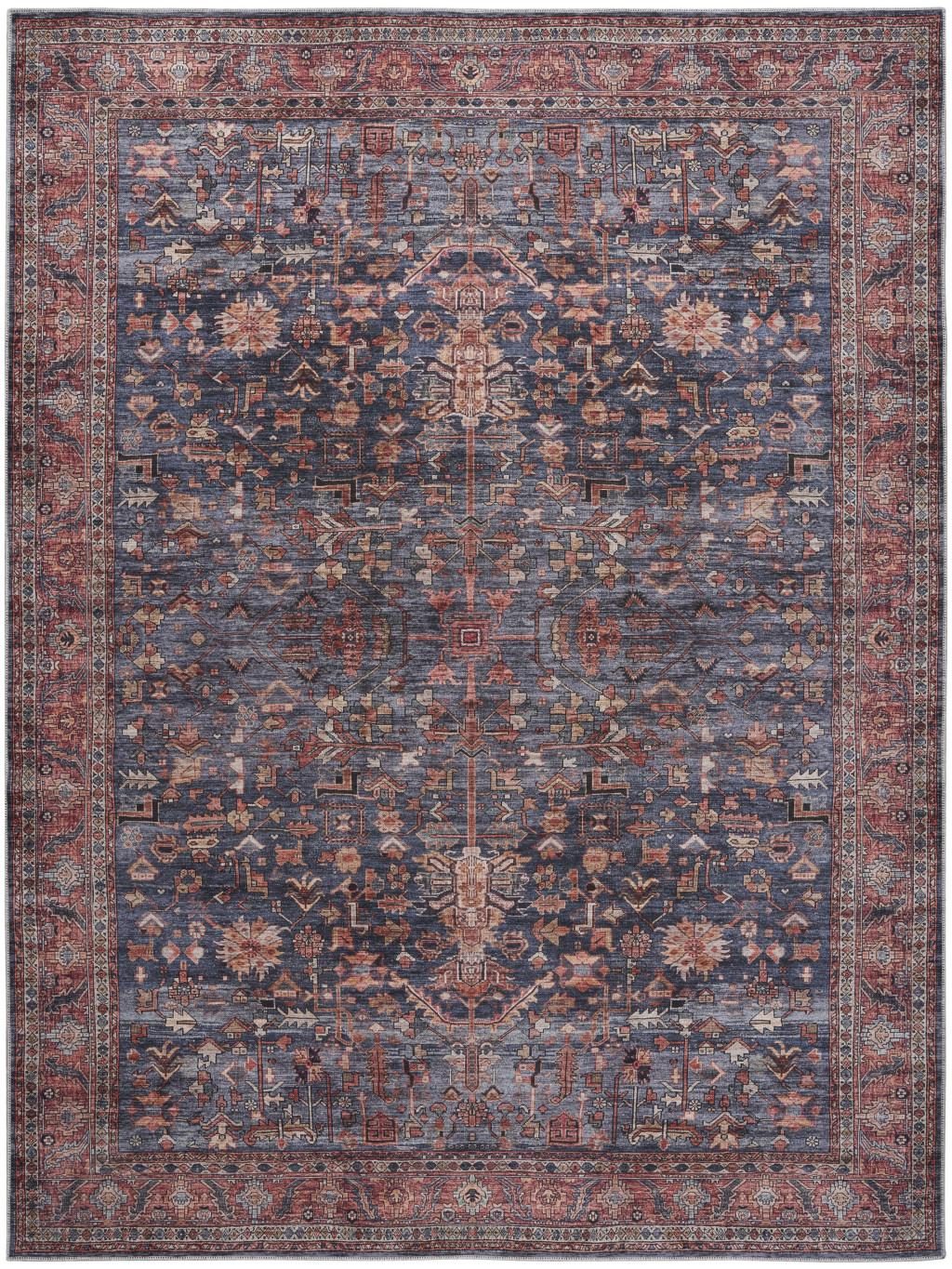 Blue and Red Oriental Washable Polyester Rectangle Area Rug, 8′ × 10′