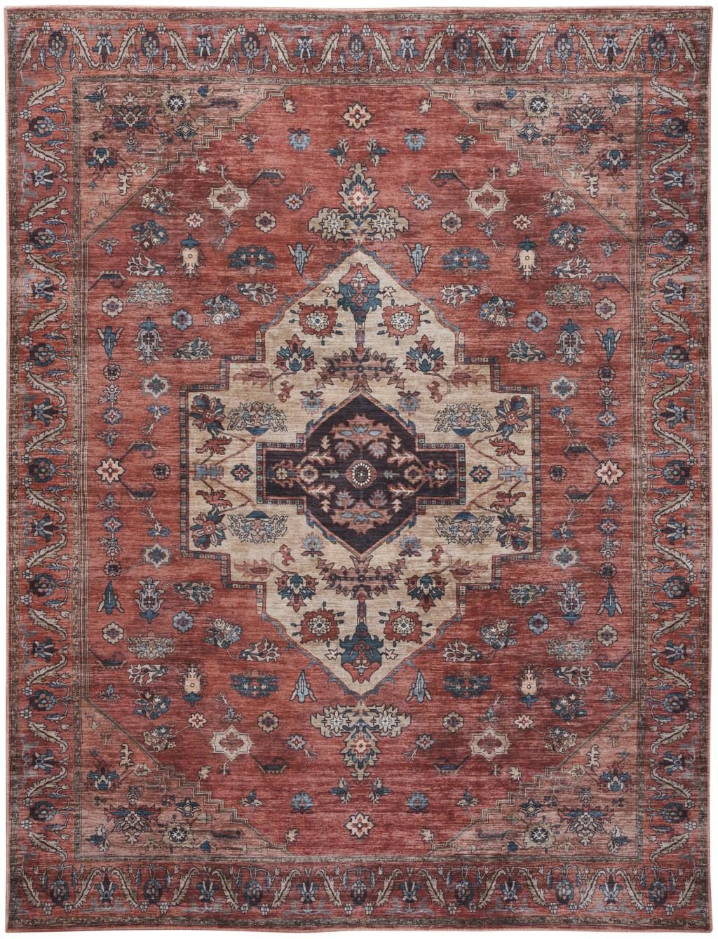 9′ X 12′ Red and Ivory Medallion Distressed Area Rug