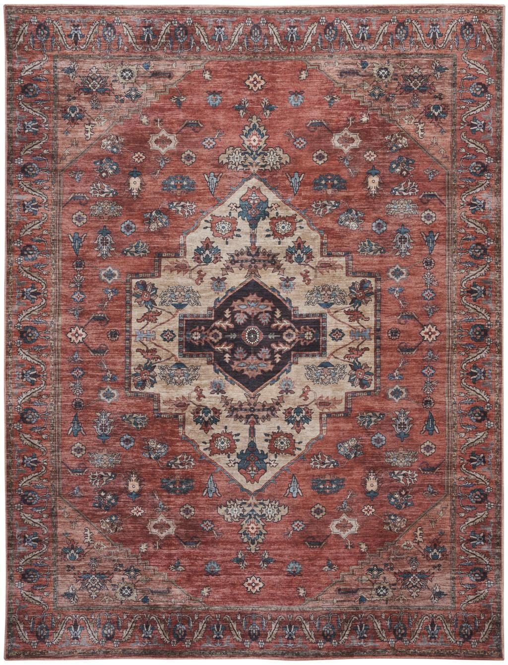 9′ X 12′ Red and Ivory Medallion Distressed Area Rug