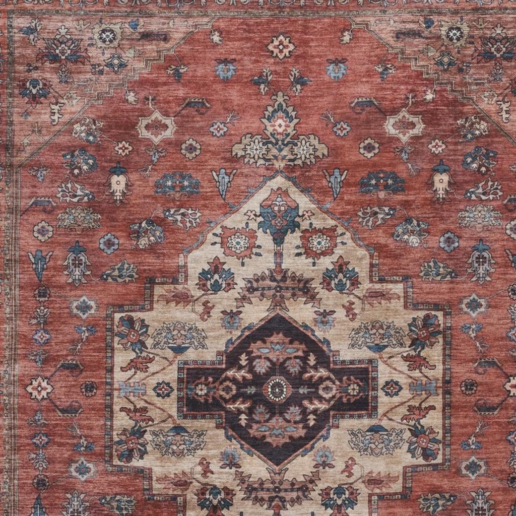 9′ X 12′ Red and Ivory Medallion Distressed Area Rug