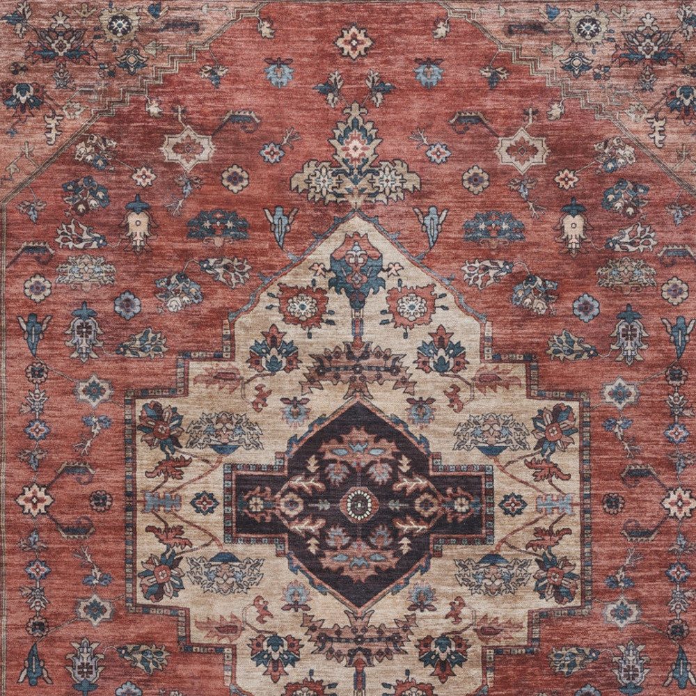 9′ X 12′ Red and Ivory Medallion Distressed Area Rug
