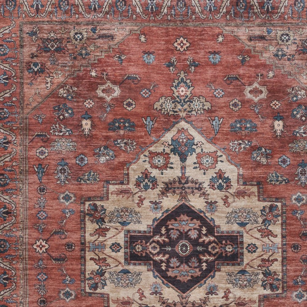 9′ X 12′ Red and Ivory Medallion Distressed Area Rug