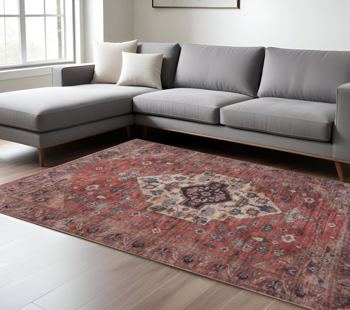 9′ X 12′ Red and Ivory Medallion Distressed Area Rug